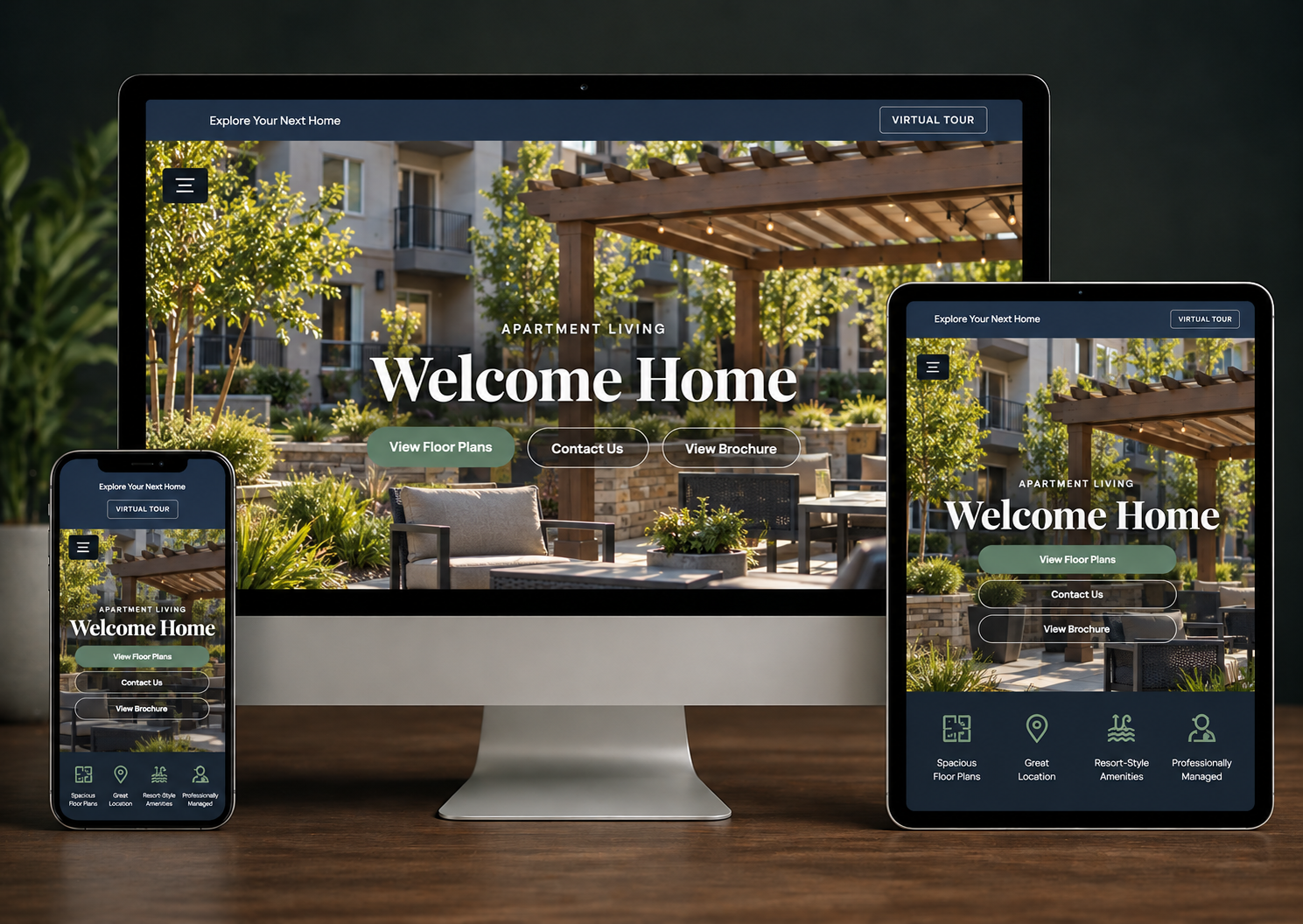 Responsive apartment website mockup on desktop, tablet, and phone