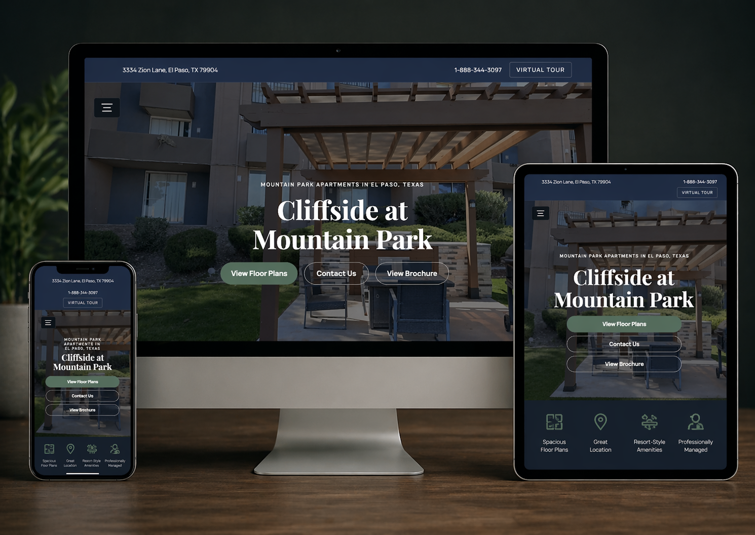 Responsive apartment website mockup on desktop, tablet, and phone