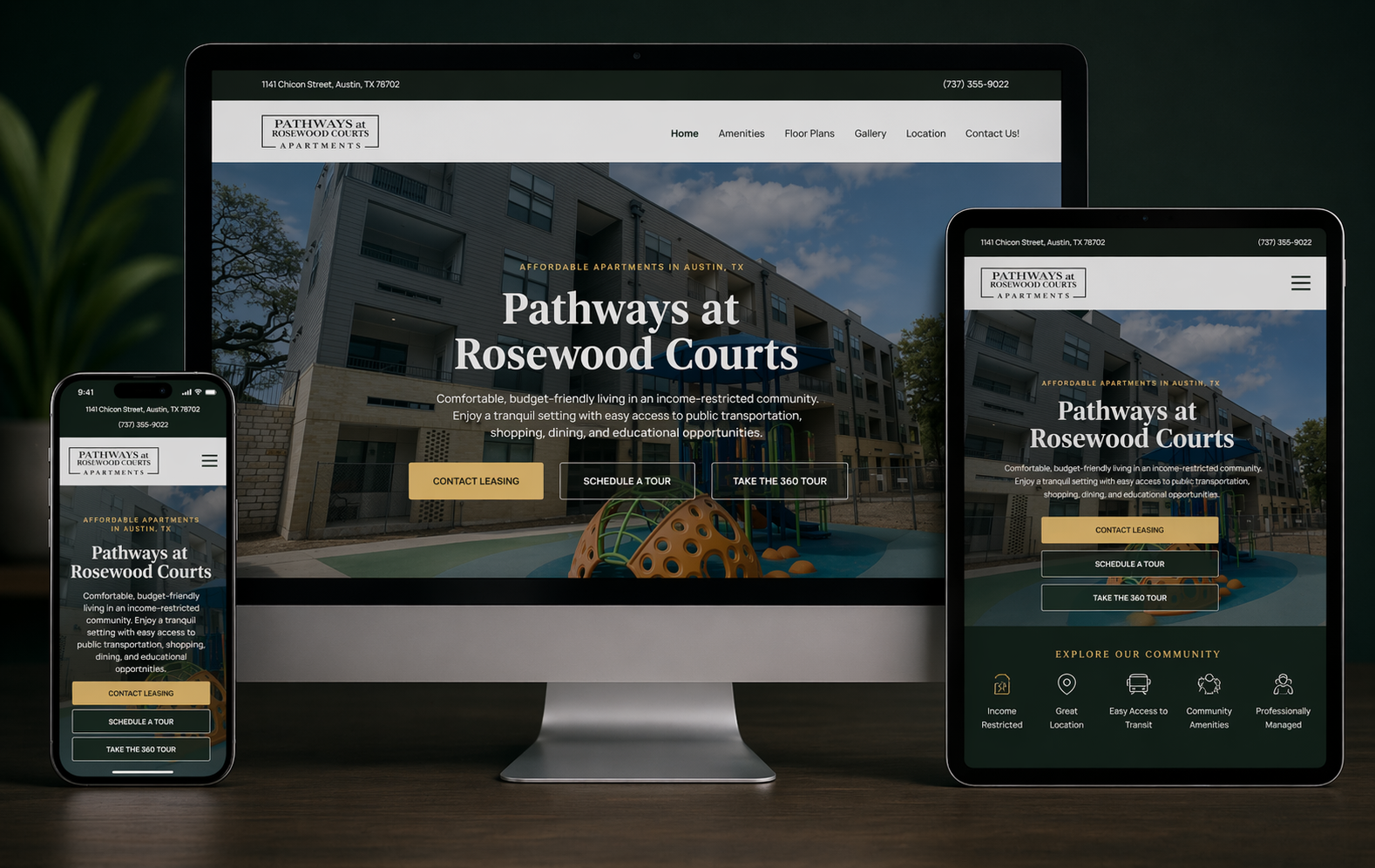 Apartment website shown across desktop, tablet, and phone screens
